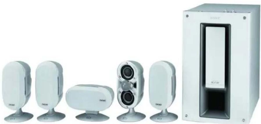 Product series of white audio equipment including speakers and a multi-chamber unit (no visible text or symbols)