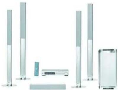 Product lineup of various electronic devices including a TV tower, display unit, and smart speaker (no visible text or labels)