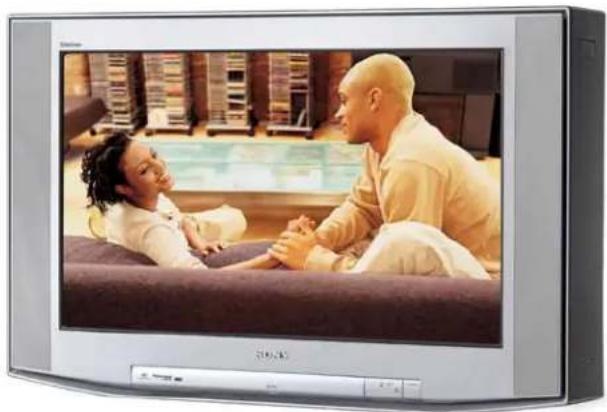 Modern CRT television displaying a couple in a bedroom setting (no visible text or symbols)
