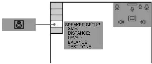 SPEAKER SETUP SIZE: DISTANCE: LEVEL: BALANCE: TEST TONE: