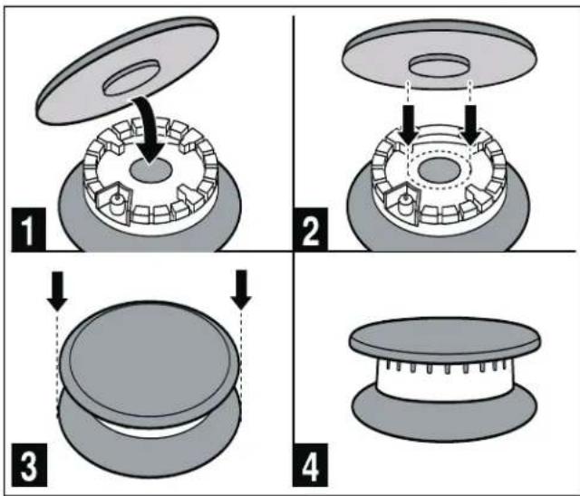 Diagram illustrating four steps of a mechanical assembly or component folding process, labeled 1 to 4.