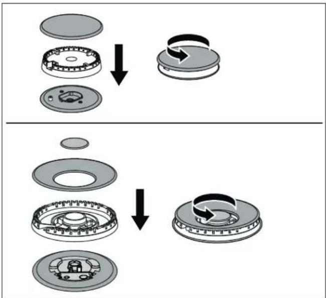 Diagram illustrating the step-by-step assembly of a mechanical component, showing disassembly and rotation steps.