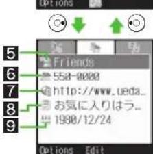 5 6 7 8 9 Friends 558-0000 http://www.ueda_ お気に入りはう... 1980/12/24 Options Edit