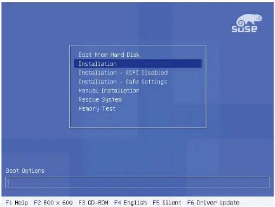 Boot from Hard Disk Installation Installation - ACPI Disabled Installation - Safe Settings Manual Installation Rescue System Memory Test Boot Options F1 Help F2 800 x 600 F3 CD-ROM F4 English F5 Silent F6 Driver Update