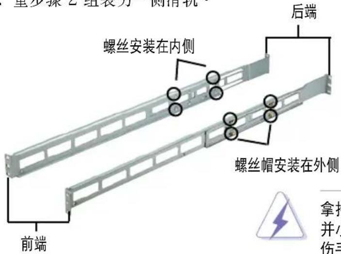 至步骤2 组装为一侧轨 后端 螺丝安装在内侧 螺丝帽安装在外侧 前端 拿摔 并小 伤手