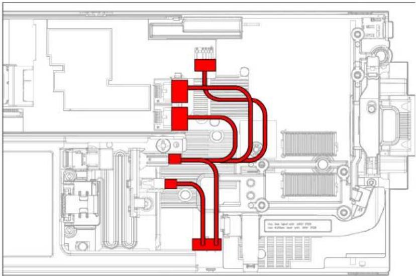 Technical schematic diagram of a mechanical or electrical component with red circuit lines and labeled ports and annotations.