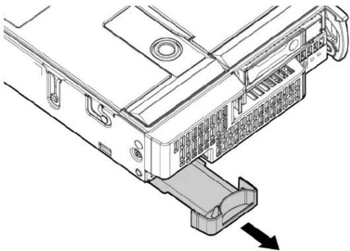 Technical line drawing of a computer drive bay with an arrow indicating a component (no text or symbols present)
