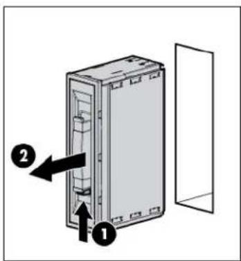 Diagram of a refrigerator with labeled parts and directional arrows indicating assembly or movement