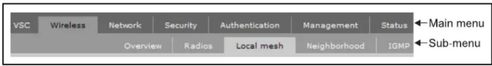 VSC Wireless Network Security Authentication Management Status ←Main menu Overview Radios Local mesh Neighborhood IGMP ←Sub-menu