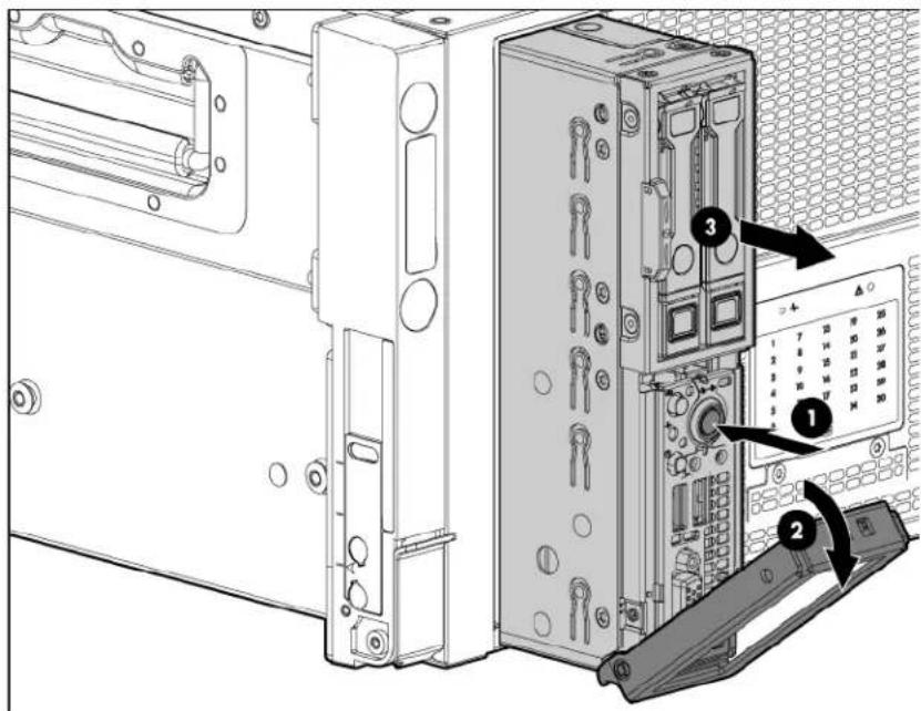Technical diagram showing server rack with labeled components including a control panel and drive unit