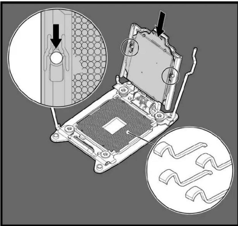 Technical diagram showing a computer motherboard with labeled components and magnified views of internal structure details.