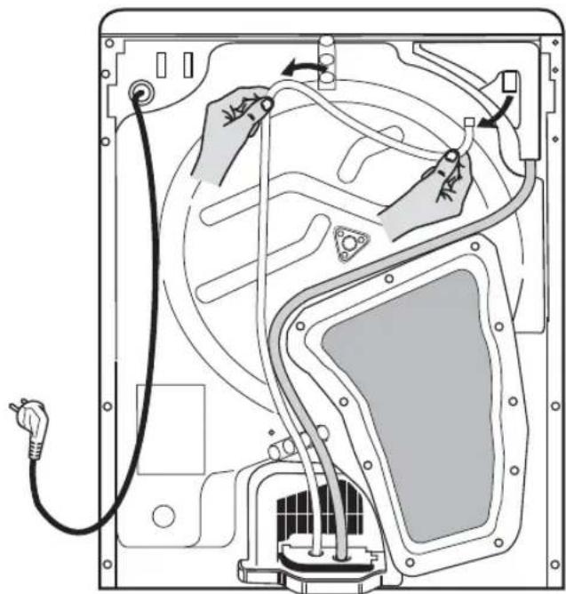 Diagram of a refrigerator interior showing hand positioning and wiring connections (no text or labels)