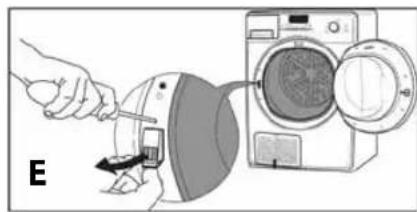 Illustration of a hand using a tool to clean a washing machine from a fan (no text or symbols present)