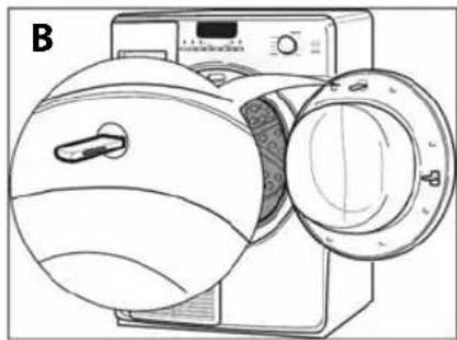 Line drawing of a washing machine with lid and side panel (no text or symbols)