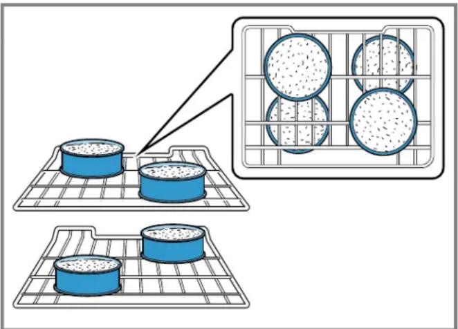 Illustration of three blue circular containers on grids with a magnified inset showing four white spherical objects (no text or symbols)
