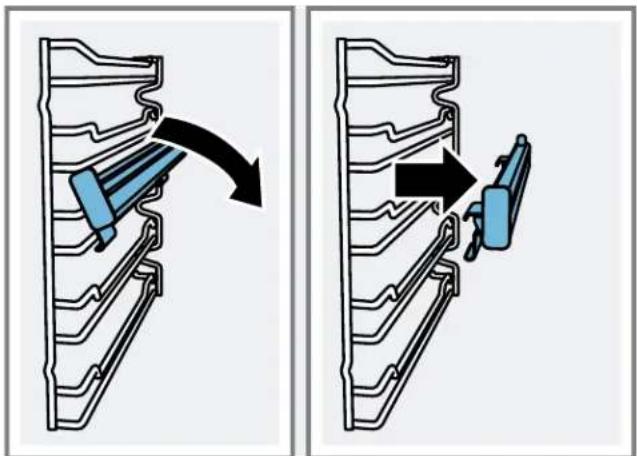 Diagram showing two mechanical assembly steps: one with a blue component being inserted into a housing, the other with a blue device inserted (no text or symbols present)