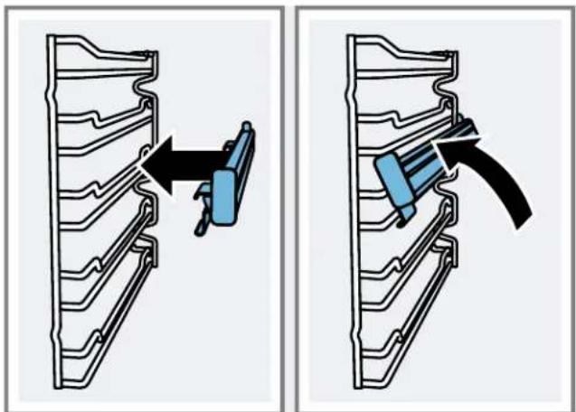 Diagram showing two mechanical assembly steps with a blue component being inserted into a rack (no text or symbols present)