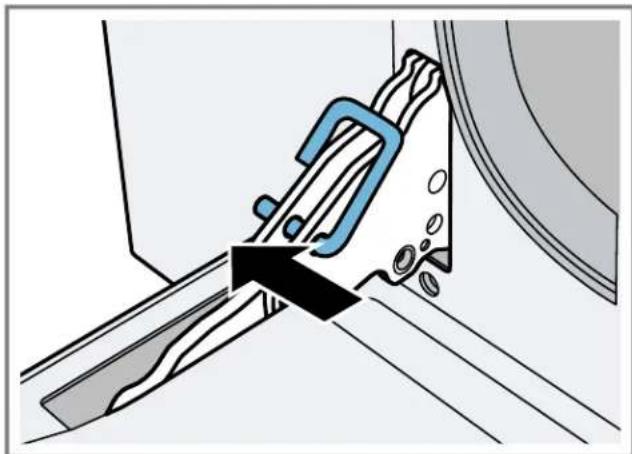 Technical illustration of a mechanical assembly with a blue clamp and black arrow indicating force or motion (no text or symbols)