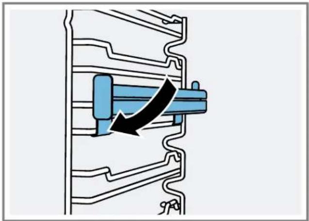 Mechanical assembly diagram showing a blue component with a black arrow indicating motion or force direction (no text or symbols)