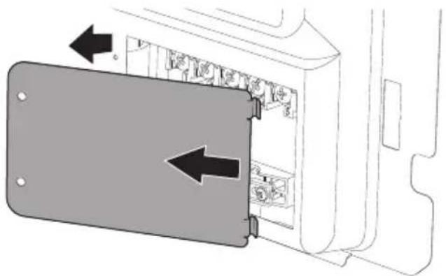 Diagram of a device interior showing a gray panel with arrows indicating direction, no text or symbols present