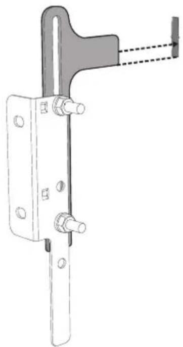 Technical line drawing of a mechanical bracket with mounting holes and a dashed line indicating alignment (no text or symbols)