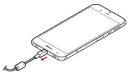 Line drawing of a smartphone with a cable inserted, showing the cable being inserted (no text or symbols present)