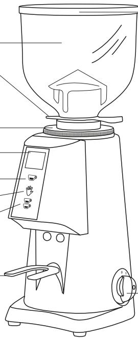 Line drawing of a coffee maker with control panel and side buttons (no text or symbols)