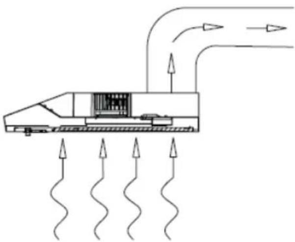 Diagram of a mechanical or fluid system with airflow arrows and no visible text or symbols