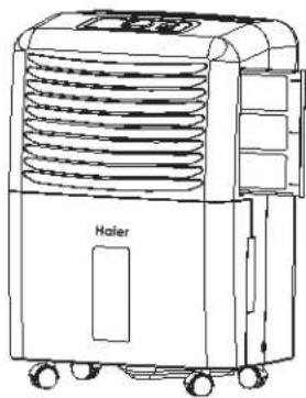Line drawing of a Haier air purifier with cooling fins and wheels (no text or symbols)