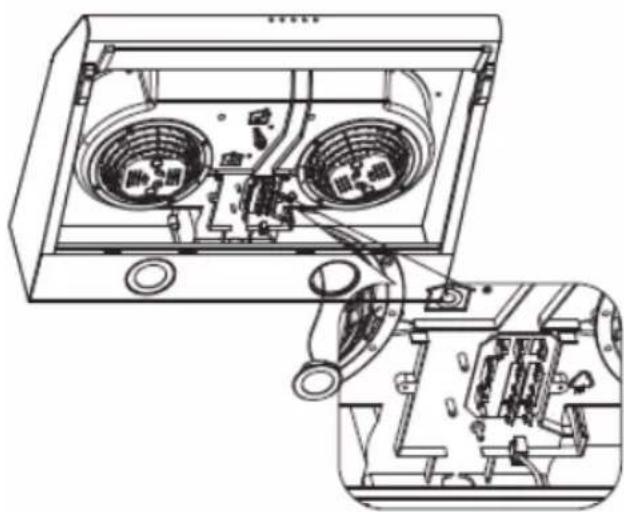 Technical line drawing of an air conditioner unit with internal components and wiring (no text or symbols)