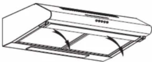 Line drawing of a front air conditioner unit with airflow arrows indicating internal flow (no text or symbols)
