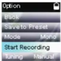 Option Back Save to Preset Mode Mono Start Recording Tuning Manual