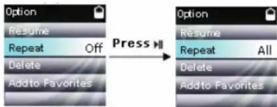 Option Resume Repeat Off Delete Addto Favorites Press Option Resume Repeat All Delete Addto Favorites