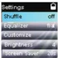Settings Shuffle off Equalizer flat Customize Brightness 4 Screen Saver 20s