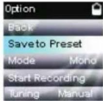 Option Back Save to Preset Mode Mono Start Recording Tuning Manual