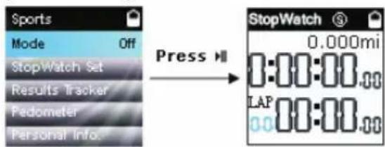 Sports Mode Off StopWatch Set Results Tracker Pedometer Personal Info. Press ▶ StopWatch 0.000mi LAP 0.000mi