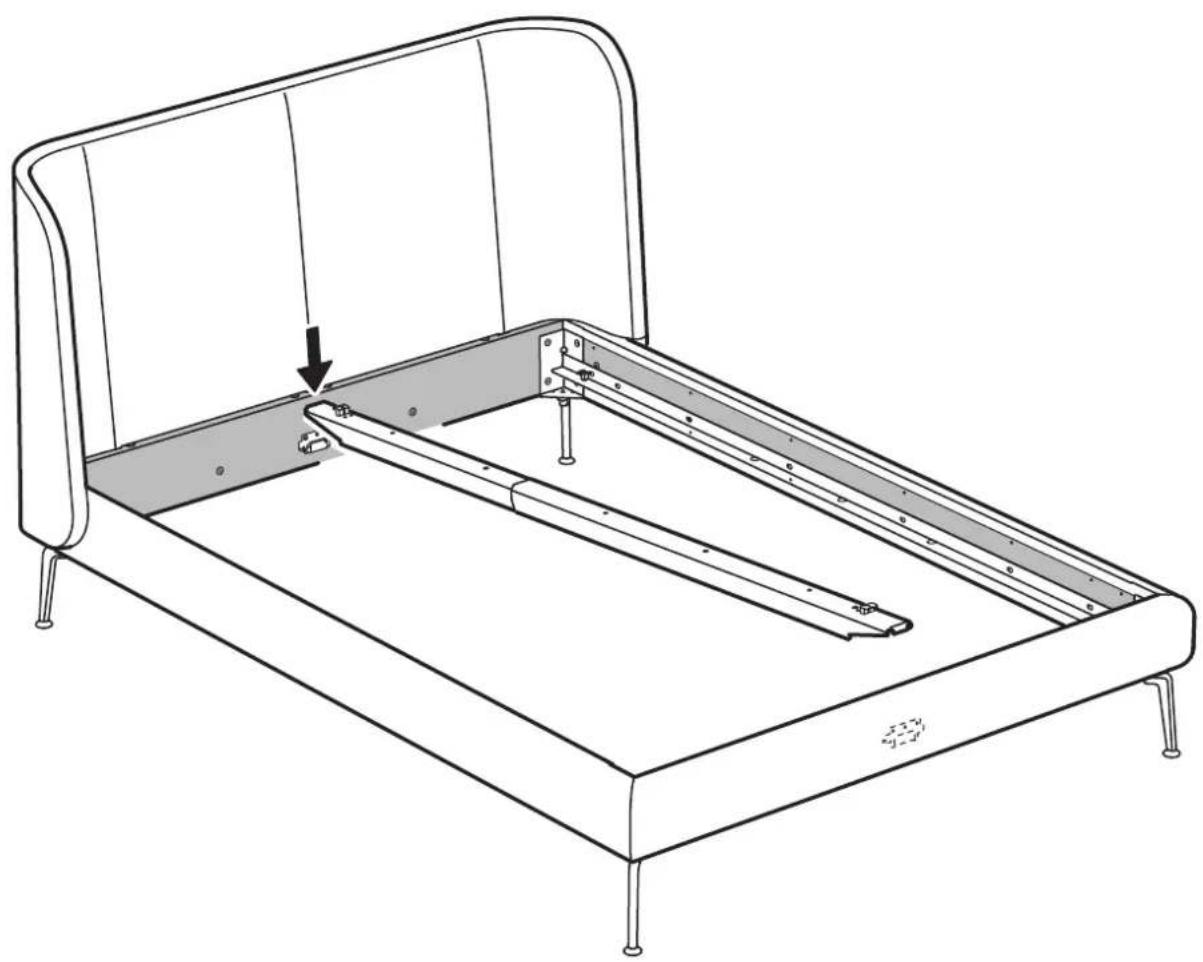 Line drawing of a bed frame with structural components and a downward arrow indicating a component (no text or symbols present)