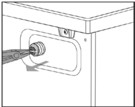 Technical line drawing of a mechanical component with a tool inserted into a housing (no text or symbols)