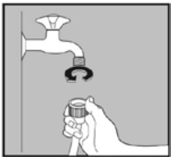 Illustration of a hand holding a pipe fitting above a faucet, with no text or symbols present.