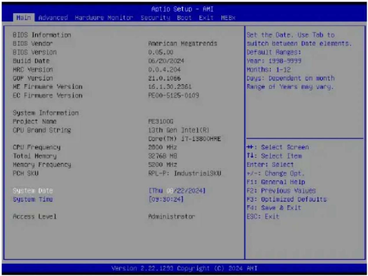 Aptio Setup - AMI Main Advanced Hardware Monitor Security Boot Exit MEBx BIOS Information BIOS Vendor American Megatrends BIOS Version 0.05.00 Build Date 06/20/2024 MRC Version 0.0.4.204 GOP Version 21.0.1066 ME Firmware Version 16.1.30.2361 EC Firmware Version PE00-5125-0109 System Information Proj…
