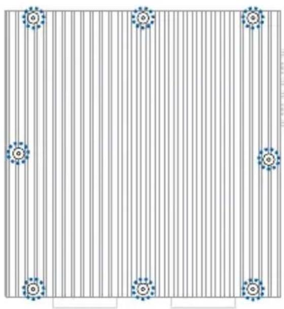 Pure diagram of vertical lines with circular symbols at intersections (no text or labels)