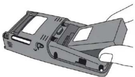 Illustration of a hand opening a device casing with ports and connectors (no text or symbols)