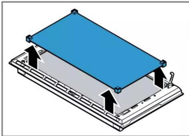 3D diagram of a device with a blue panel on top and gray base, showing internal components and directional arrows (no text or symbols)