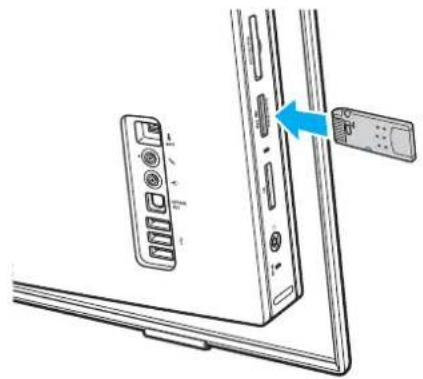 Diagram of a device panel with ports and a blue arrow pointing to a component (no text or symbols present)