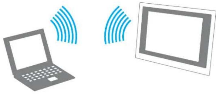 Illustration of a laptop and a monitor with wireless signal waves (no text or symbols)