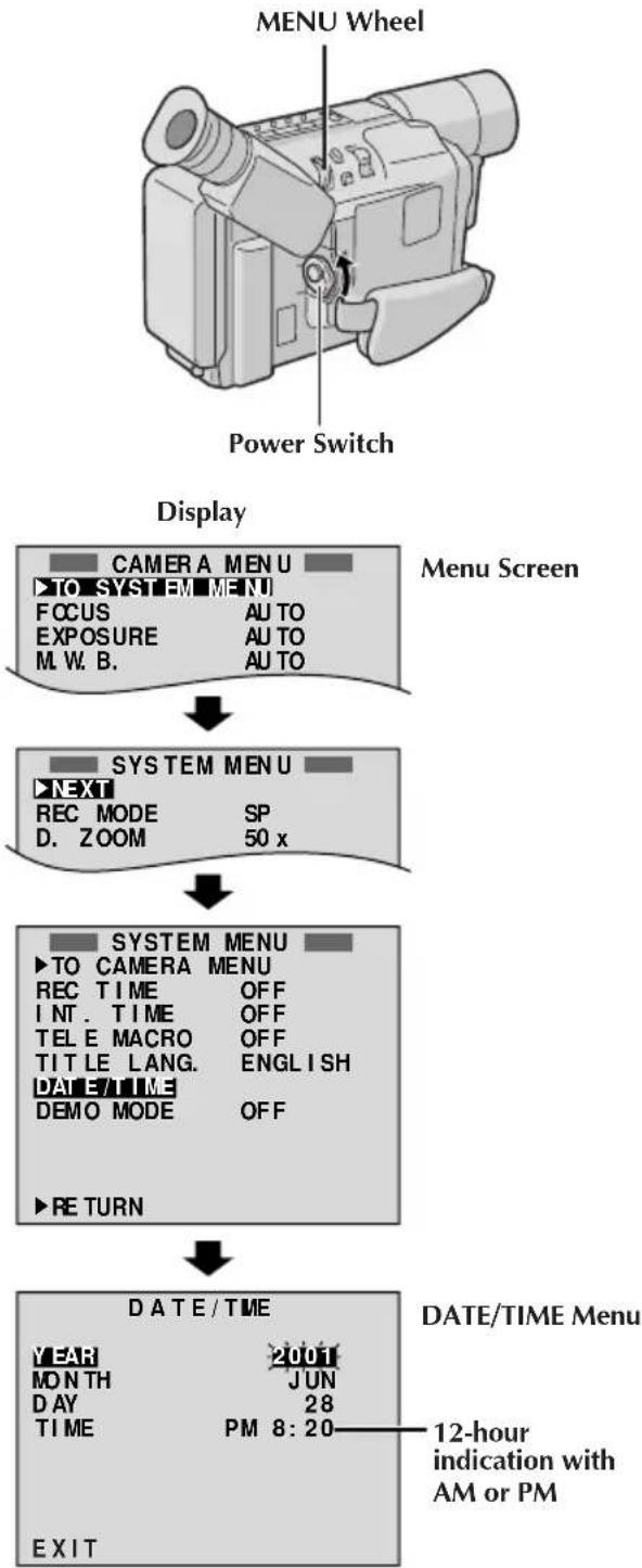 graph TD A["MENU Wheel"] --> B["Power Switch"] B --> C["Display"] C --> D["CAMERA MENU TO SYSTEM MENU\nFOCUS AU TO\nEXPOSURE AU TO\nM.W.B. AU TO"] D --> E["SYSTEM MENU NEXT\nREC MODE SP\nD.ZOOM 50 x"] E --> F["SYSTEM MENU TO CAMERA MENU\nREC TIME OFF\nINT.TIME OFF\nTELE MACRO OFF\nTITLE LANG.ENGLISH…