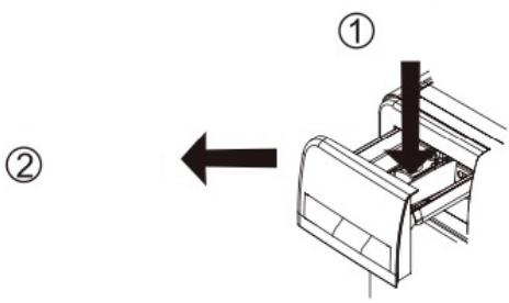 Diagram showing a mechanical device with labeled parts and directional arrow, likely illustrating a process or assembly.