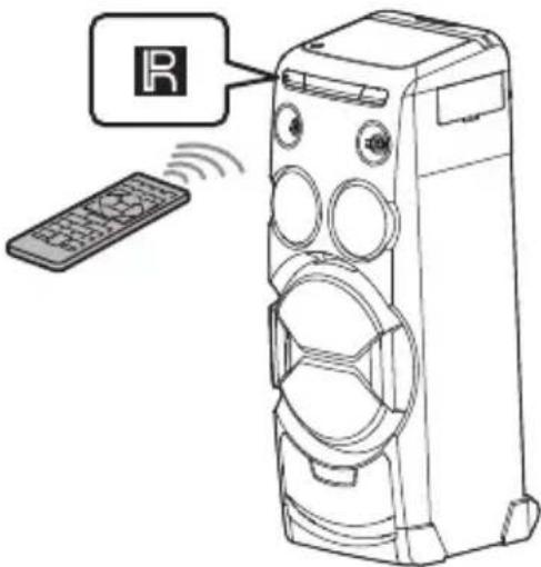 Diagram showing a remote device connected to a R button, with wireless signal waves indicating sound or data transmission.