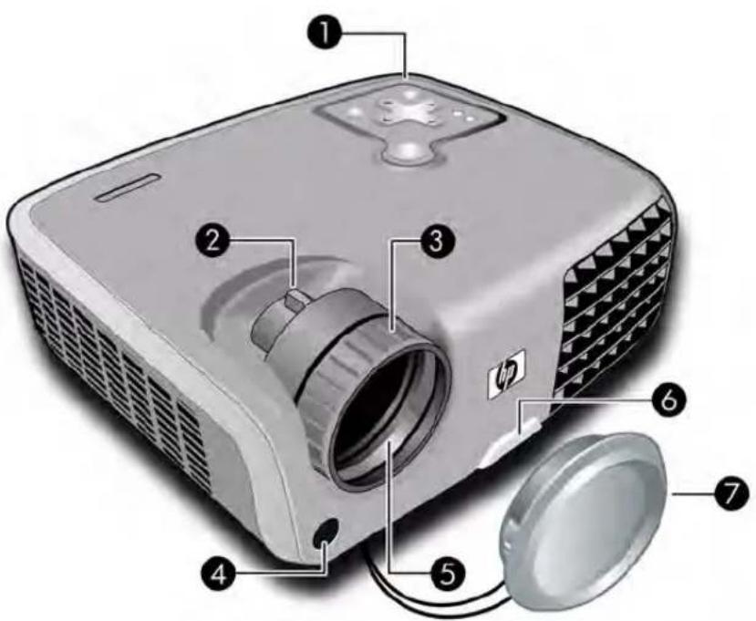Labeled diagram of a projector with numbered parts for identification and assembly reference.