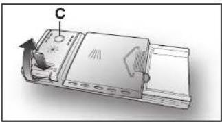 3D diagram of a mechanical component with labeled point C and directional arrow (no text or symbols beyond label)